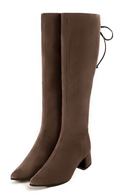 Chocolate brown women's knee-high boots, with laces at the back. Tapered toe. Low flare heels. Made to measure. Front view - Florence KOOIJMAN